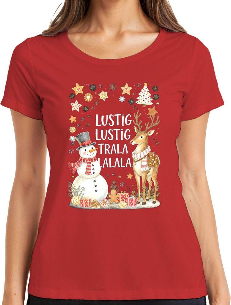 Lustig Lustig Trala Lalala Weihnachten Schneemann Rentier Retro Damen T-Shirt, Rot, S