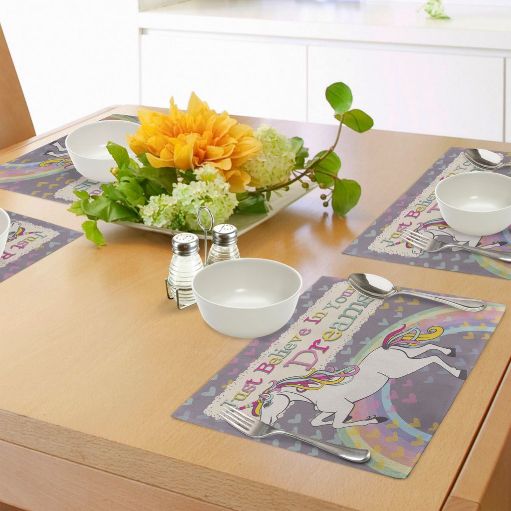ABAKUHAUS Teen Mädchen Platzmatten, Einhorn-Figur mit Glaube an Deine Träume Inspirierende Zitat-Illustration, Tiscjdeco aus Farbfesten Stoff fü...