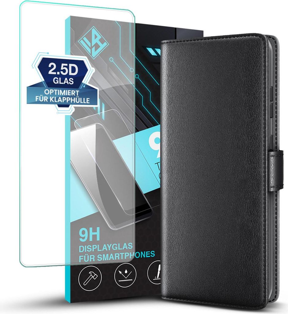 Echtleder Handyhülle für Google Pixel 10a mit 9H Displayglas Lederhülle Cover Case Tasche Klapphülle Fliphülle Leder Hülle Farbe: Schwarz