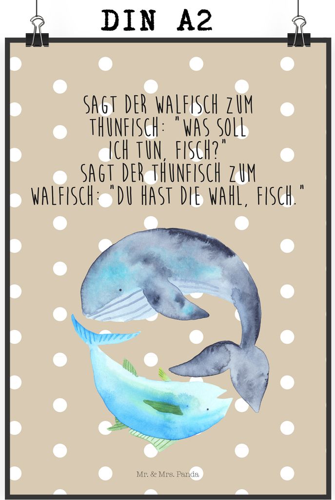 Mr. & Mrs. Panda Bild Walfisch Thunfisch DIN A2 - Beige Pastell - Geschenk, Witz, Lustige Sprüche, Wahl, drucke, Plakat, Design Poster, wanddeko, ...
