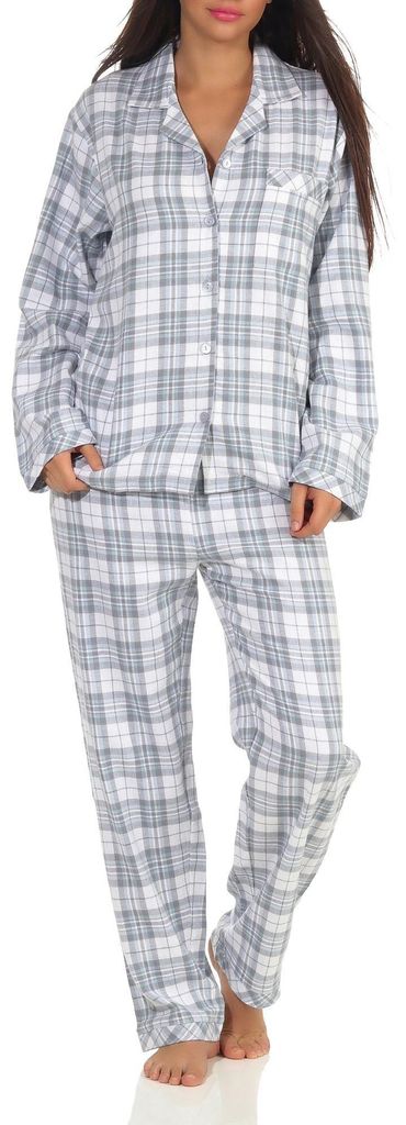 Damen langarm Flanell Pyjama Schlafanzug kariert - 202 201 15 602 ; Karo blau , 36