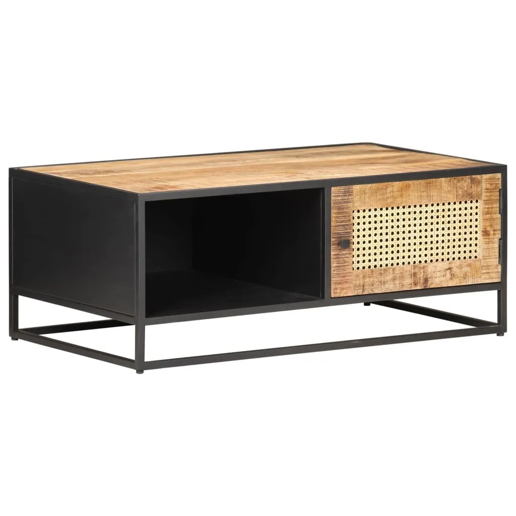 Table basse bois de manguier brut et tressage viennois artisanal 90cm