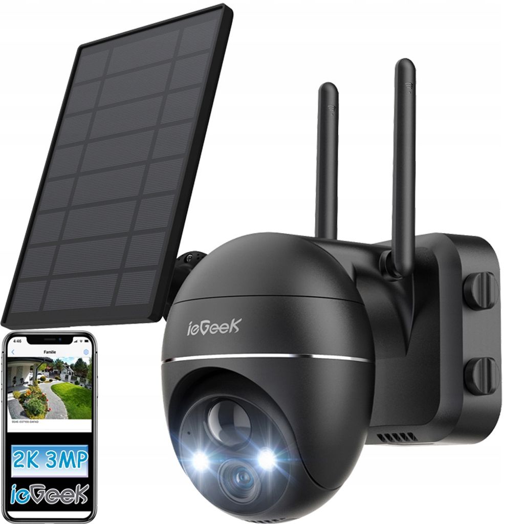 ieGeek 2K Solar Überwachungskamera Aussen Akku, 355°/140° Pan Tilt Kabellose IP Kamera, Farbnachtsicht, PIR Bewegungsmelder, 2-Wege-Audio, IP65
