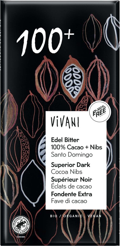 Vivani Chocolade Puur Superieur 100% + Cacao Nibs  (80 gr) Produktbild 