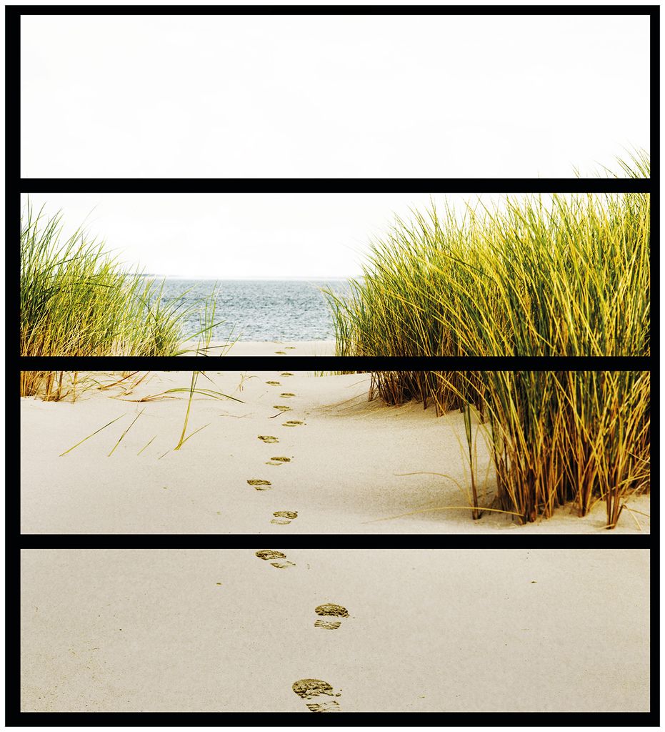 Wallario Möbelfolie / Aufkleber, geeignet für Ikea Malm Kommode mit 4 Schubfächern - Spuren im Sand- Fußspuren durch die Düne zum Meer