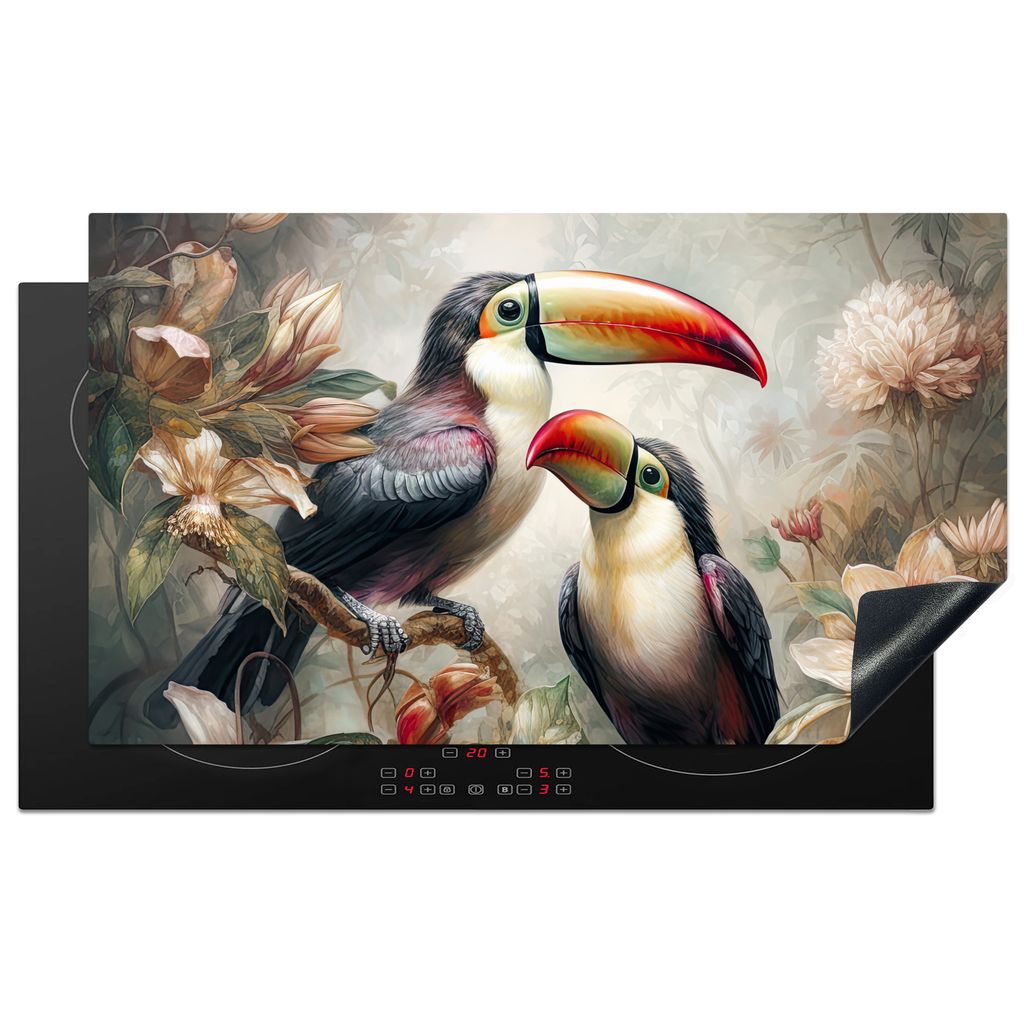 KitchenYeah Herdabdeckplatte Tukan - Vögel - Blumen - Dschungel , 89x51cm, Küche Deko, Glaskeramikkochfeld Herdabdeckung, Abdeckplatte fùr Koc...