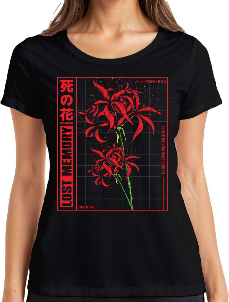 Rote Spinnenlilie LOST MEMORY japanische Blume Anime Otaku Ästhetik Damen T-Shirt, Schwarz, XXL
