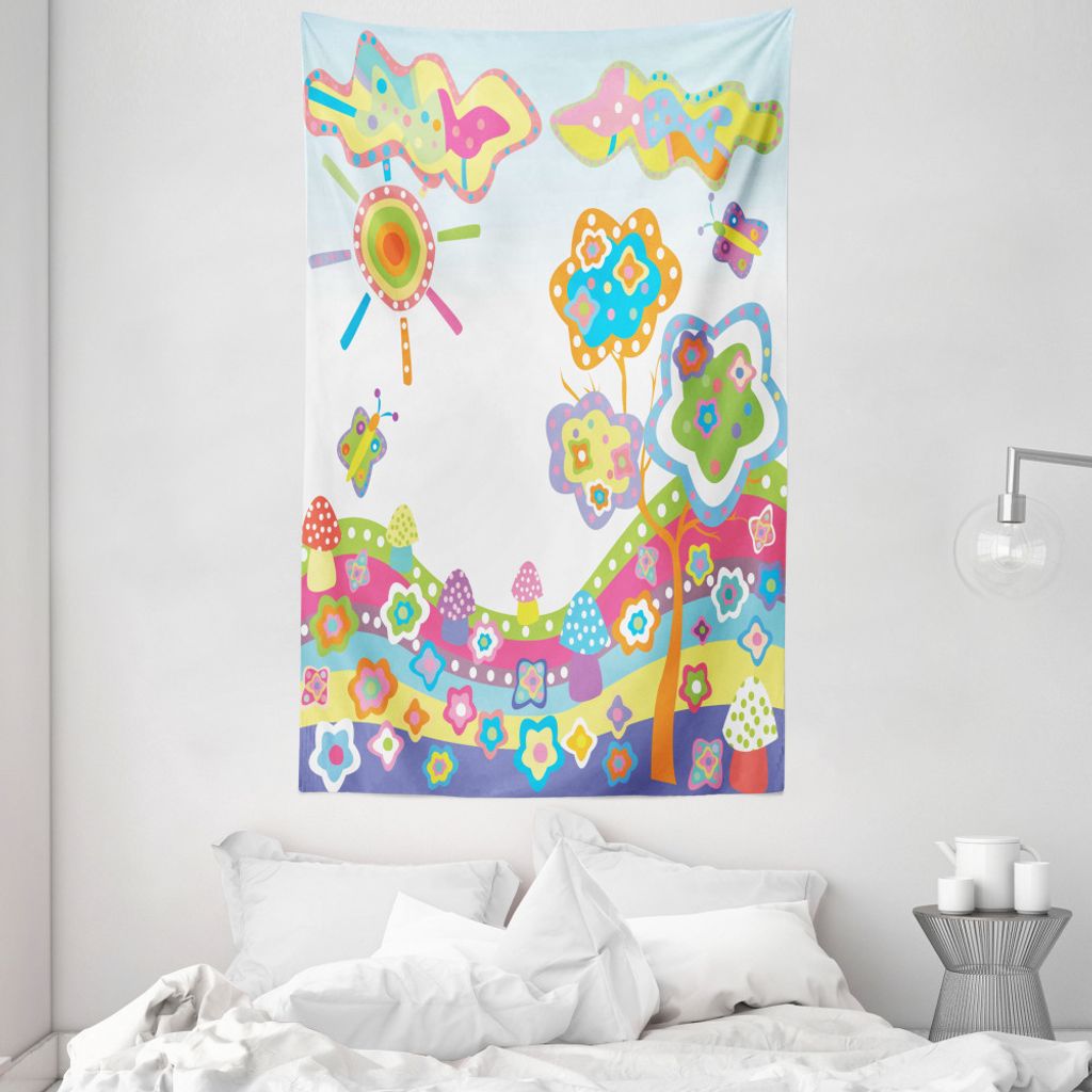 ABAKUHAUS Gekritzel Wandteppich und Tagesdecke, Kinder Zeichnung Hill aus Weiches Mikrofaser Stoff Waschbar ohne Verblassen Digitaldruck, 140 x 230...
