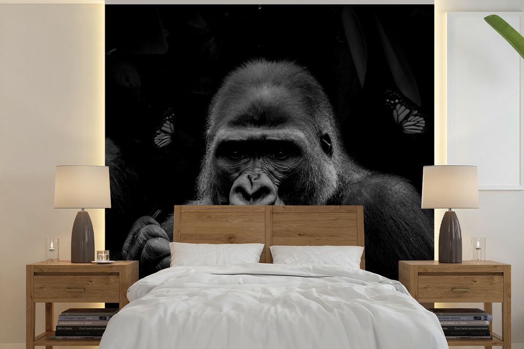 MuchoWow Fototapete für Wohnzimmer oder Schlafzimmer Wandtapete Vinyl Motivtapete Schmetterlinge - Affe - Dschungel - Schwarz - Weiß - 280x280 ...