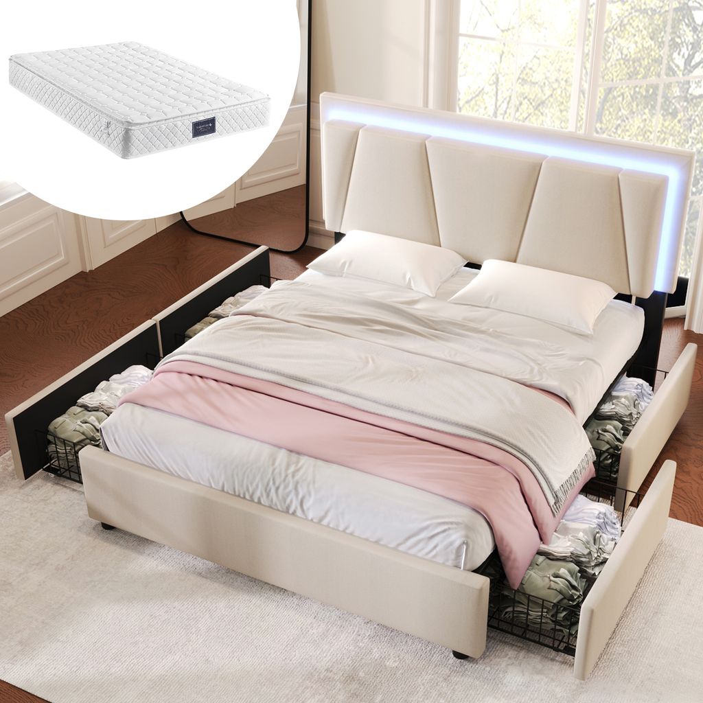 Sweiko Polsterbett (Stauraumbett, Höhenverstellbares Kopfteil), Doppelbett 140x200cm mit LED-Beleuchtung und 4 Schubladen