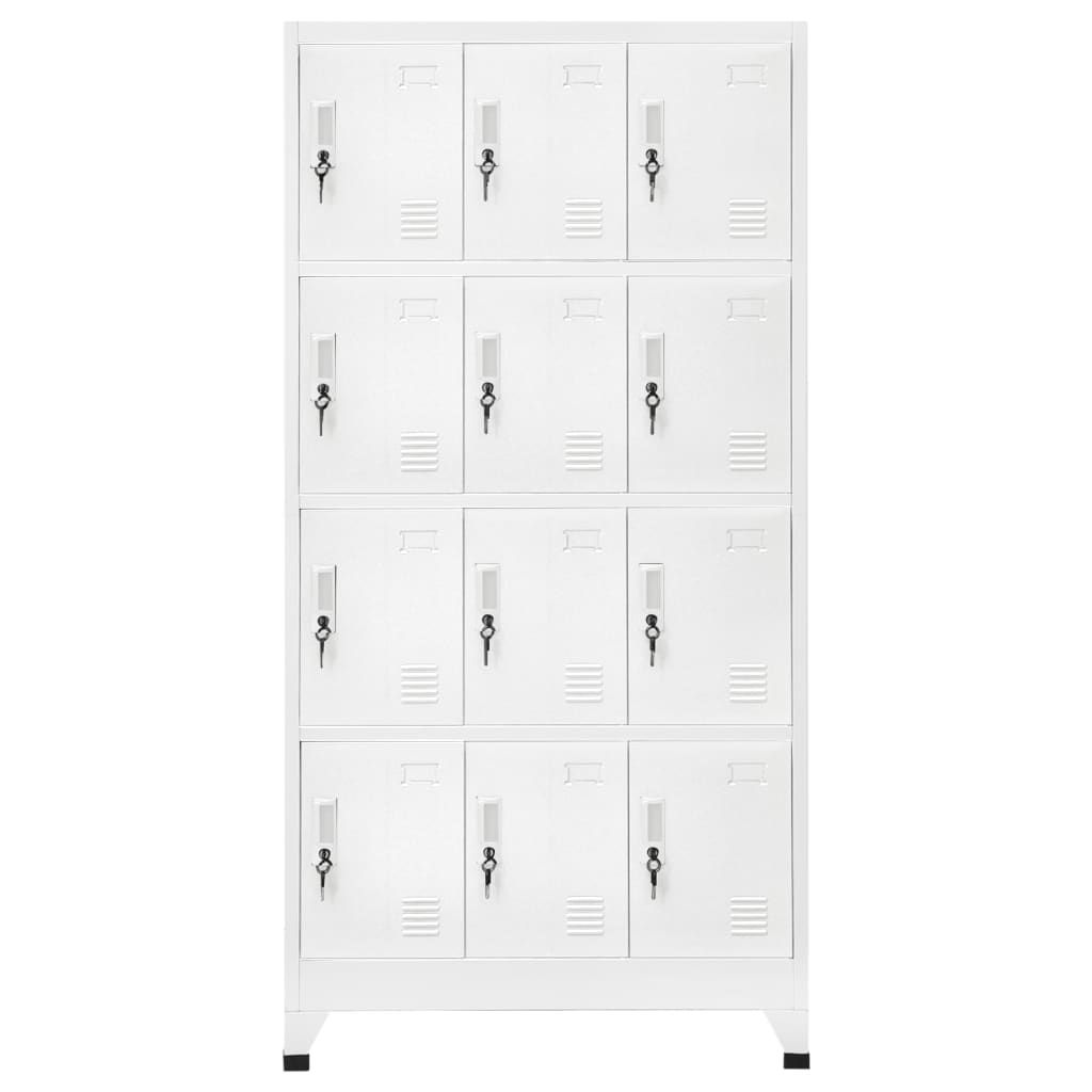 A full-frame, front-facing view of a tall, white, metal locker unit with twelve individual compartments arranged in four rows of three.