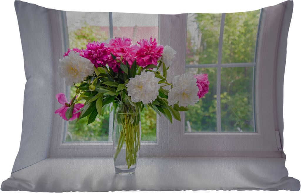 MuchoWow Outdoor Kissen - Blumen - Pfingstrosen - Vase - 60x40 cm - Wetterfest - Lounge Kissen - Zierkissen - Kissen für Innenräume