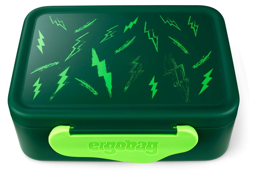 A dark green lunchbox with a lime green clasp and a pattern of green lightning bolts on the lid.