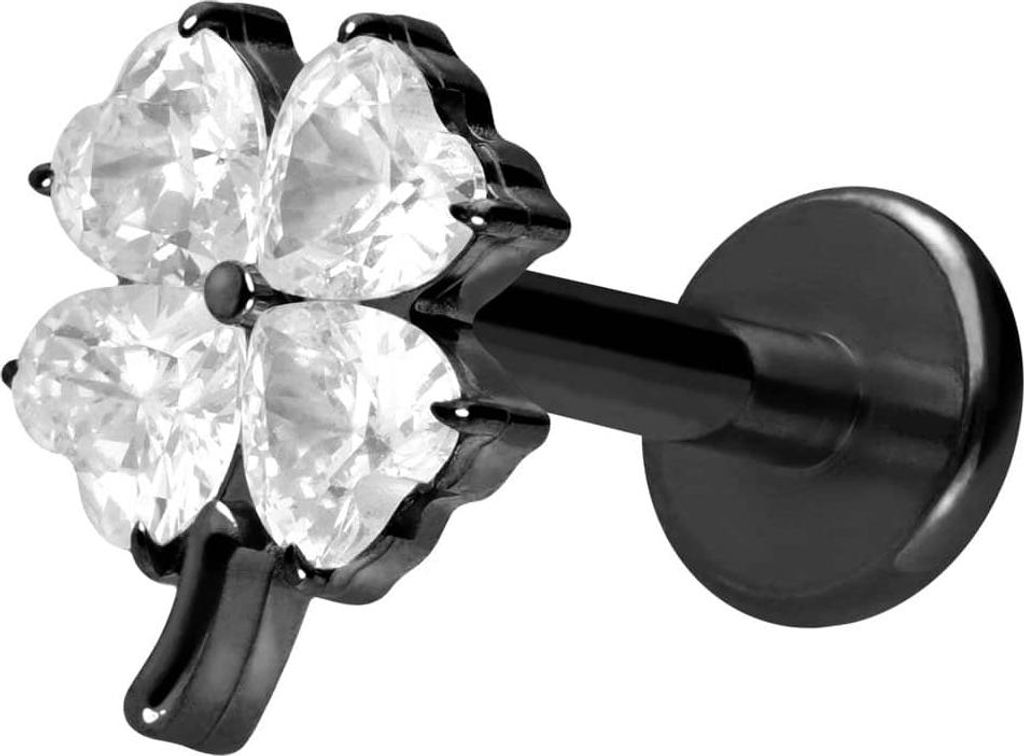 Ohrpiercing, Nasenpiercing Titan Labret mit Innengewinde KRISTALLKLEEBLATT Schwarz Stablänge: 10mm | Stabstärke: 1,6mm