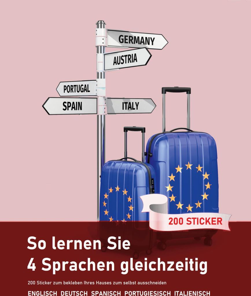 So lernen Sie 4 Sprachen gleichzeitig: 200 Vokabeln zum bekleben der Wohnung auf Englisch, Spanisch, Portugiesisch und Italienisch