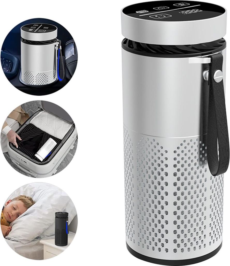 Auto Luftreiniger HEPA-Filter, Ionisator, Touchscreen, 3 Geschwindigkeiten, Temperaturanzeige, 1200mAh, leise, silber