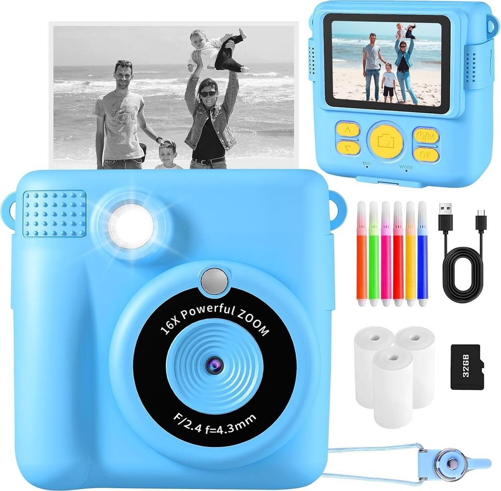 Sofortbildkamera Kinder Geschenke für 3-12 Jahre Jungen und mädchen,1080P HD 2.4 Zoll Video Kinder Kamera mit 32GB TF Karte,3 Rollen Druckpapier