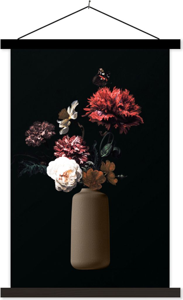 MuchoWow Textilposter Vase - Blumen - Stilleben 60x90 cm mit schwarzem Rahmen - Poster Wohnzimmer