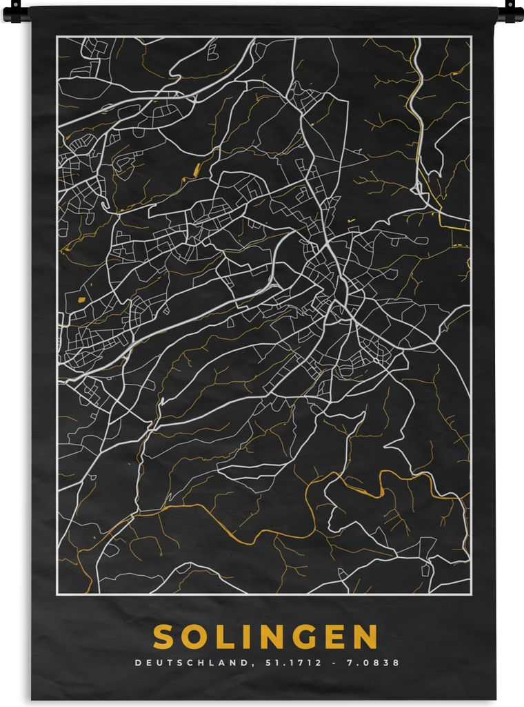 MuchoWow Wandteppich Wandbehang Solingen - Gold - Stadtplan - Deutschland - Karte 60x90 cm Tapisserie Dekoration Wandtuch - Foto-Teppich - Abwasc...