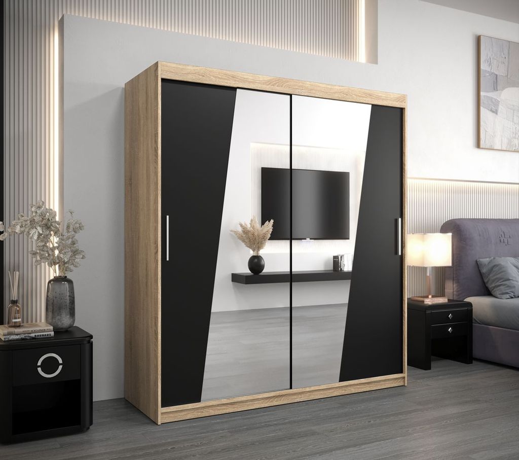Kleiderschrank mit Schiebetüren MIRIAM – Breite 180 cm, Sonoma-Eiche / Schwarz