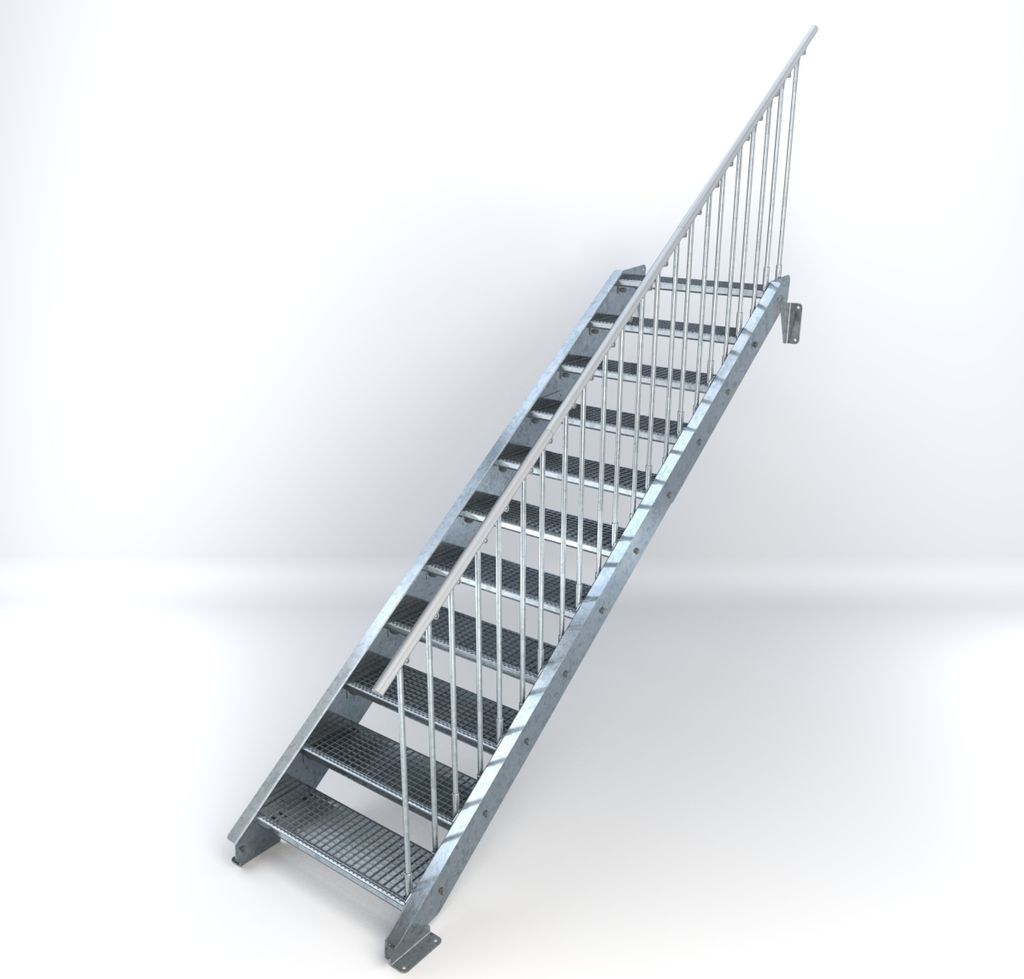Stahltreppe 11 Stufen bis Höhe 220 cm, Laufbreite : 80 cm Geländer rechts ST 2 (31 / 31 mm gezackt)