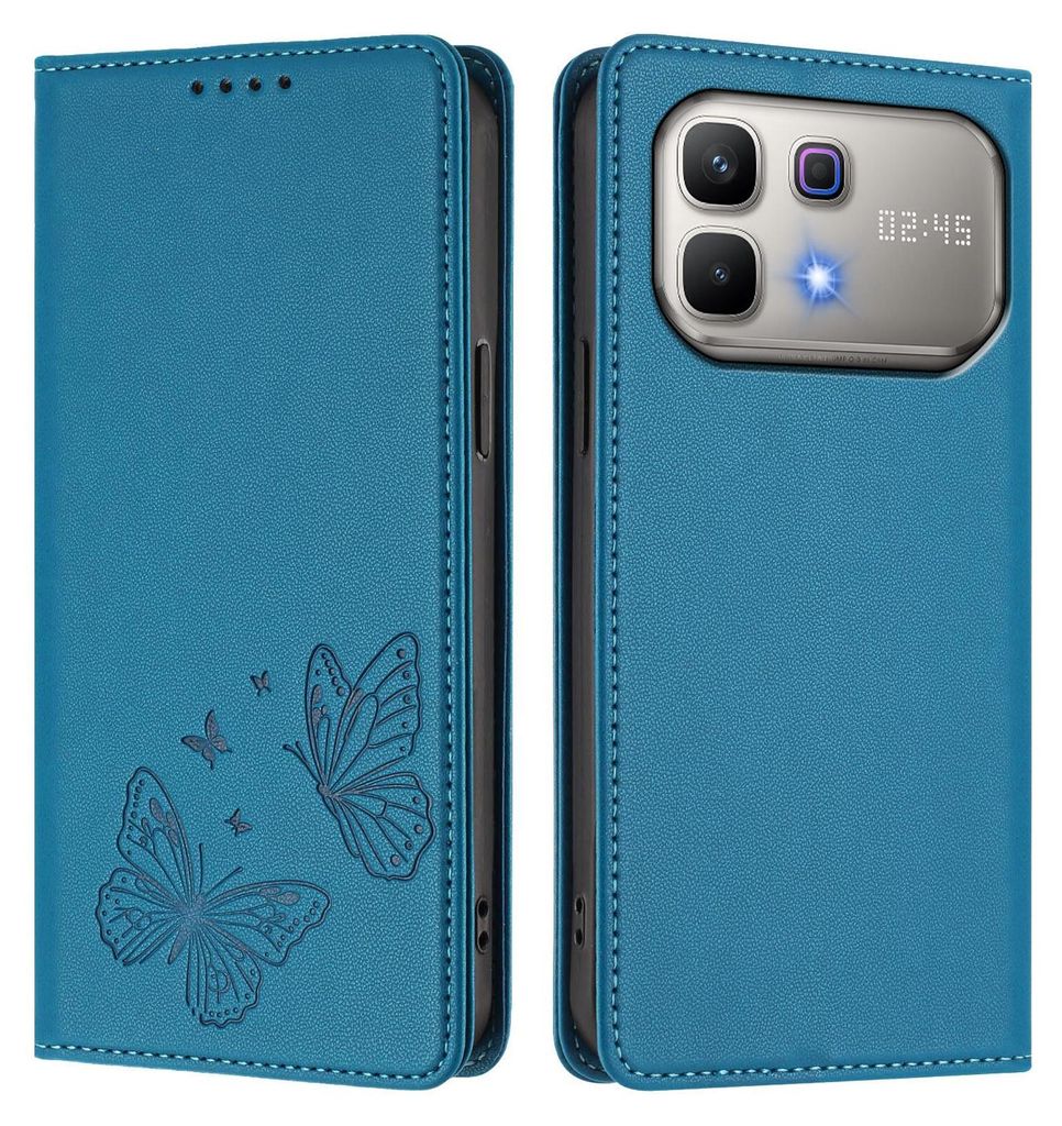 Lederhülle für Infinix Note 60 5G, Schmetterling Prägung Leder Brieftasche Schutzhülle mit Ständer Blau