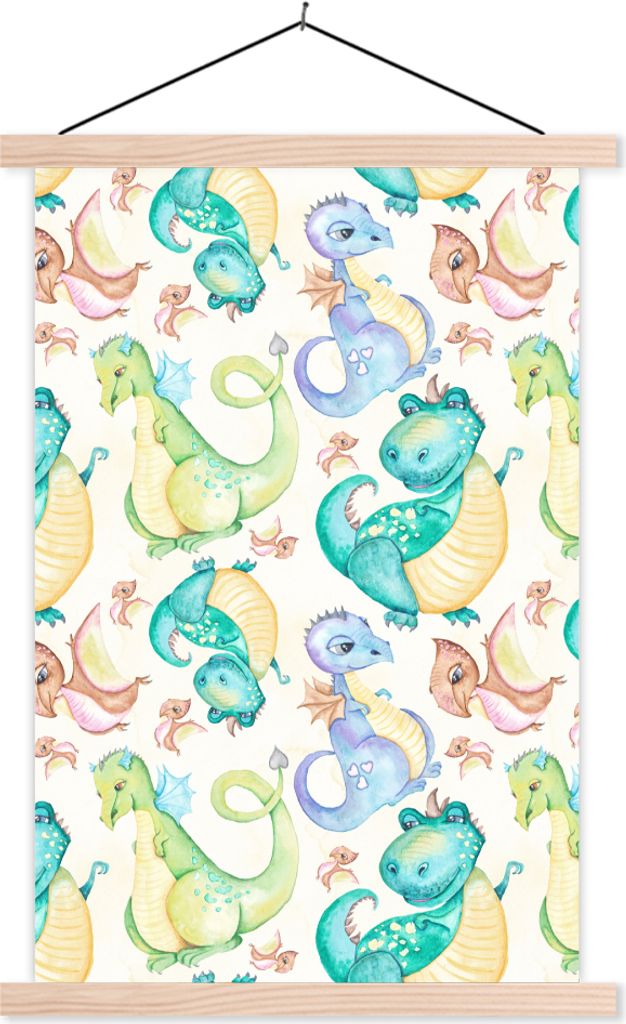 MuchoWow Textilposter Dinosaurier - Aquarell - Kinder - Jungen - Mädchen - Kinder 60x90 cm mit holzfarbenen Rahmen - Textil