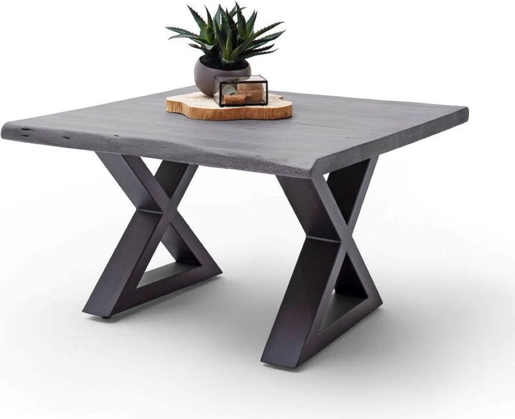 Couchtisch Baumkantentisch Akazie-massiv X-Form quadratisch grau lackiert 75 cm