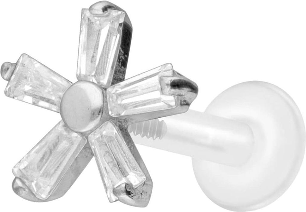 Ohrpiercing, Nasenpiercing PTFE Labret mit Innengewinde + Titan-Aufsatz KRISTALLBLUME Silber Stablänge: 10mm | Stabstärke: 1,6mm