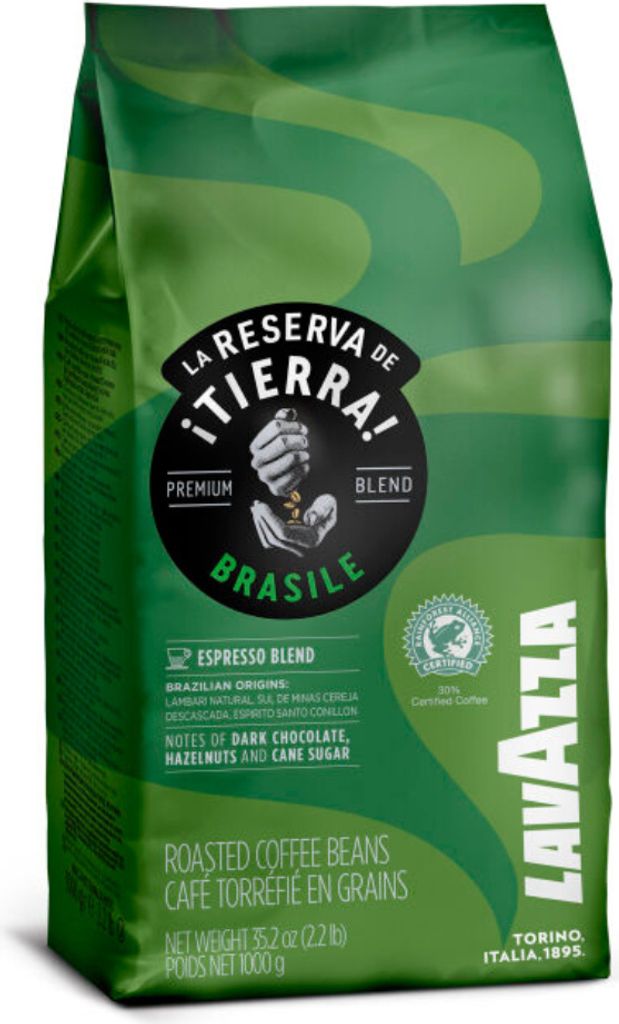 A bag of Lavazza Tierra Brazile Blend coffee beans against a white background.