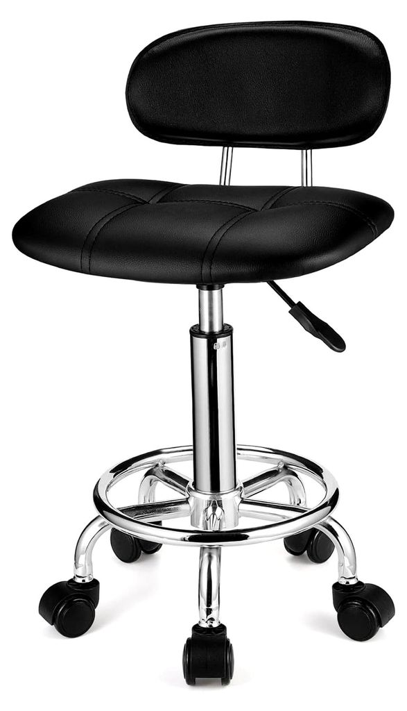 Höhenverstellbarer Eckiger Rollhocker mit Lehne, Drehhocker mit Rollen, Schwarz