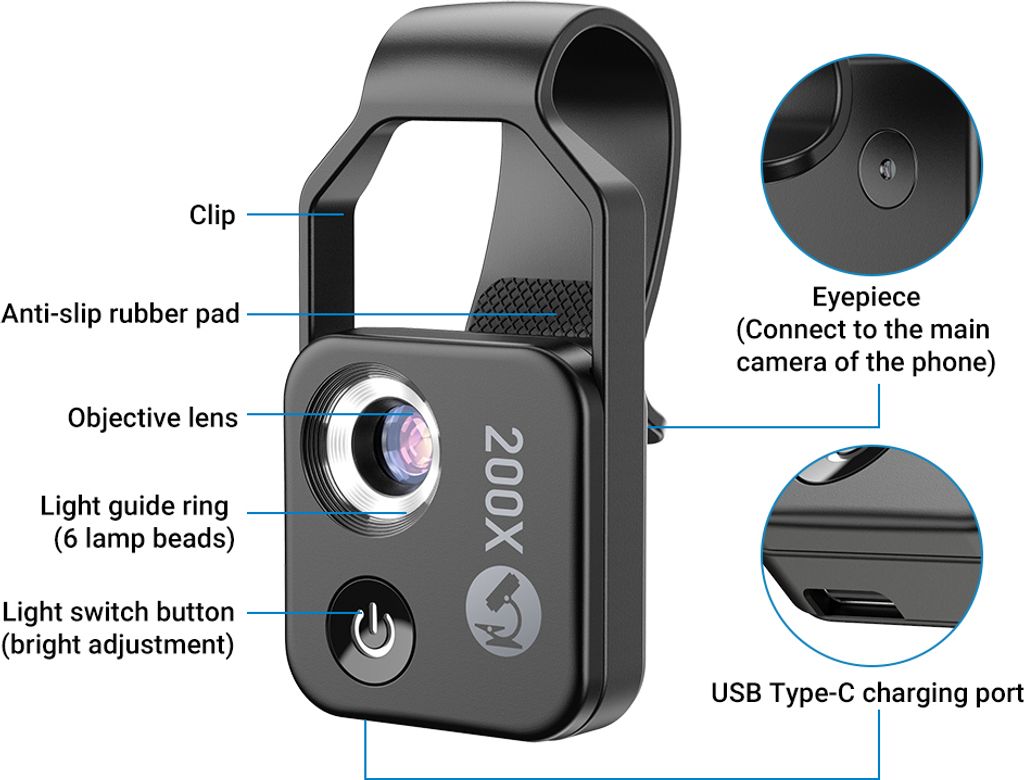 Handy Mikroskop 200x Vergrößerung | Mit LED Licht Für Makro Fotos