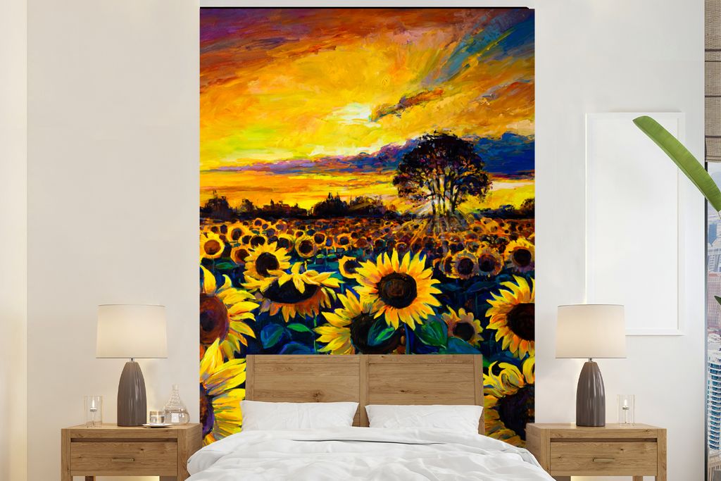 MuchoWow Fototapete für Wohnzimmer oder Schlafzimmer Wandtapete Vinyl Motivtapete Gemälde - Ölfarbe - Blumen - Sonnenblume - 160x240 cm - Viny...
