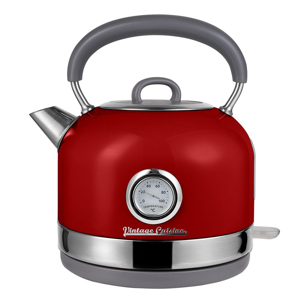 A red electric kettle with a thermometer on a white background.