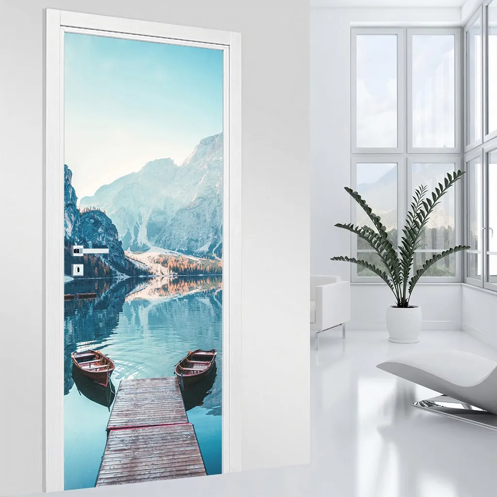 Poster de porte adhésif Lac et Montagnes Lumaléa - Décoration murale