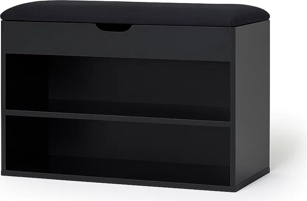 A black shoe cabinet with a padded seat on top, shown against a white background.
