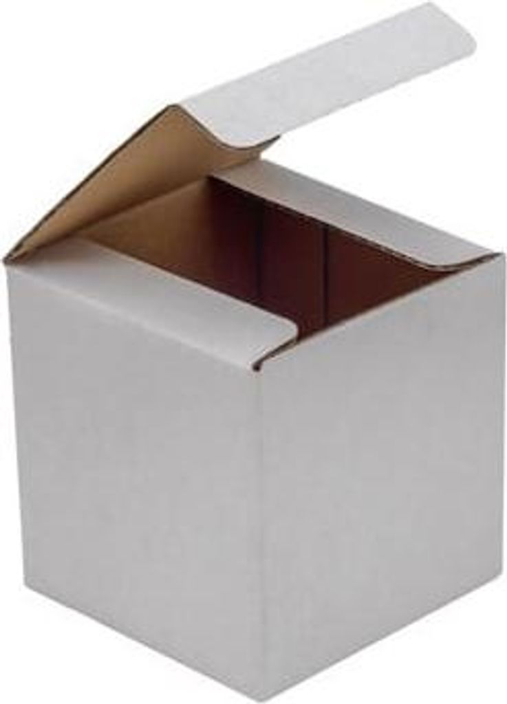 A white cardboard box with its lid partially open, showing the brown interior.