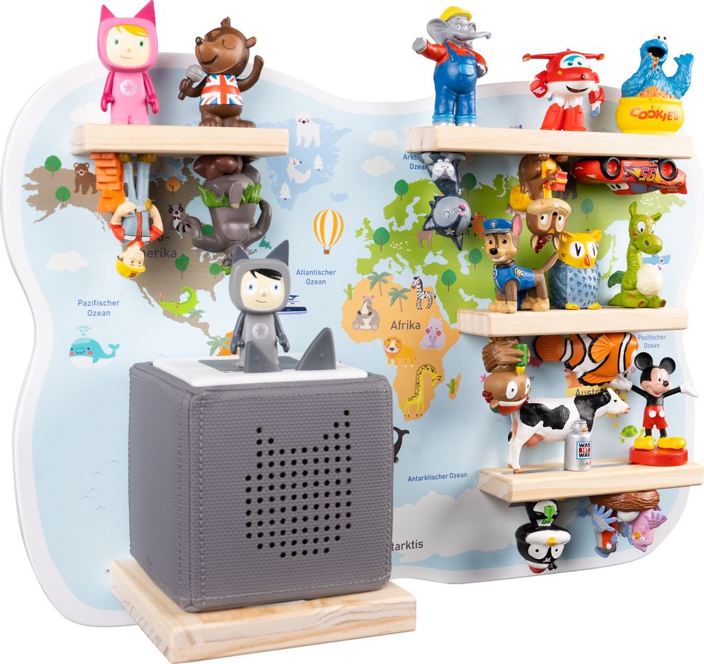 bunnyboo Toniebox Regal - für Toniebox und Figuren - ausreichend Platz für bis zu 32 Tonie Hörfiguren - Weltkarte - e Qualität - Für Junge und...