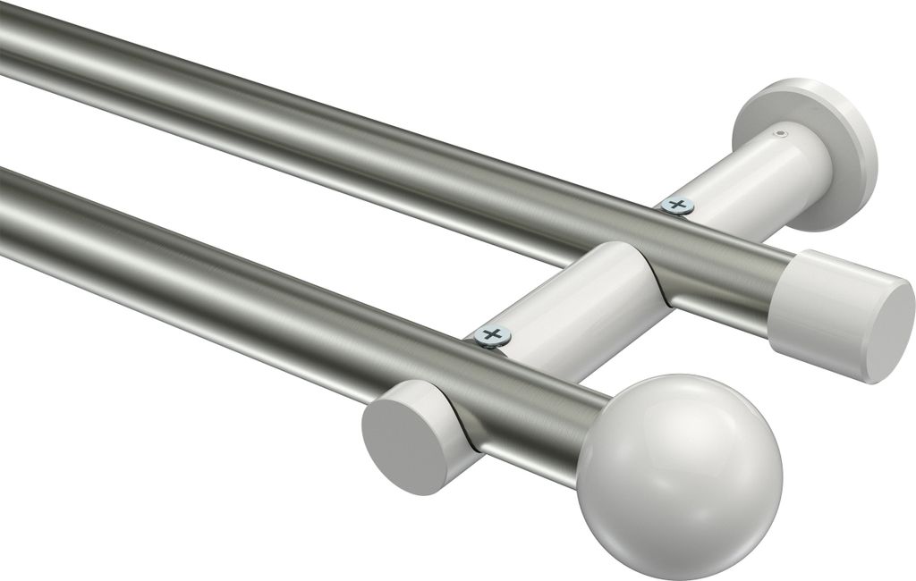 Interdeco Gardinenstange / Vorhangstange Edelstahl-Optik / Weiß, Typ Platon Luino (Kugel) ohne Ringe, 20 mm Ø 2-läufig, 540 cm