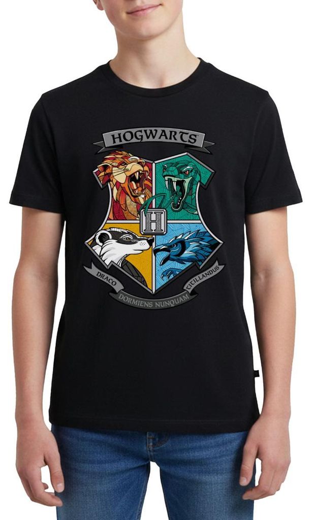 Spreadshirt Harry Potter Hogwarts Logo Tiere Der Häuser Teenager Premium T-Shirt, 146/152 (10 Jahre), Schwarz