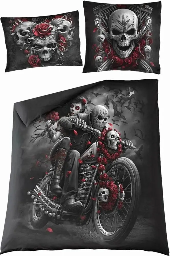 Parure de Lit Gothique Crâne et Roses Noire en Coton pour Lit 2 Places