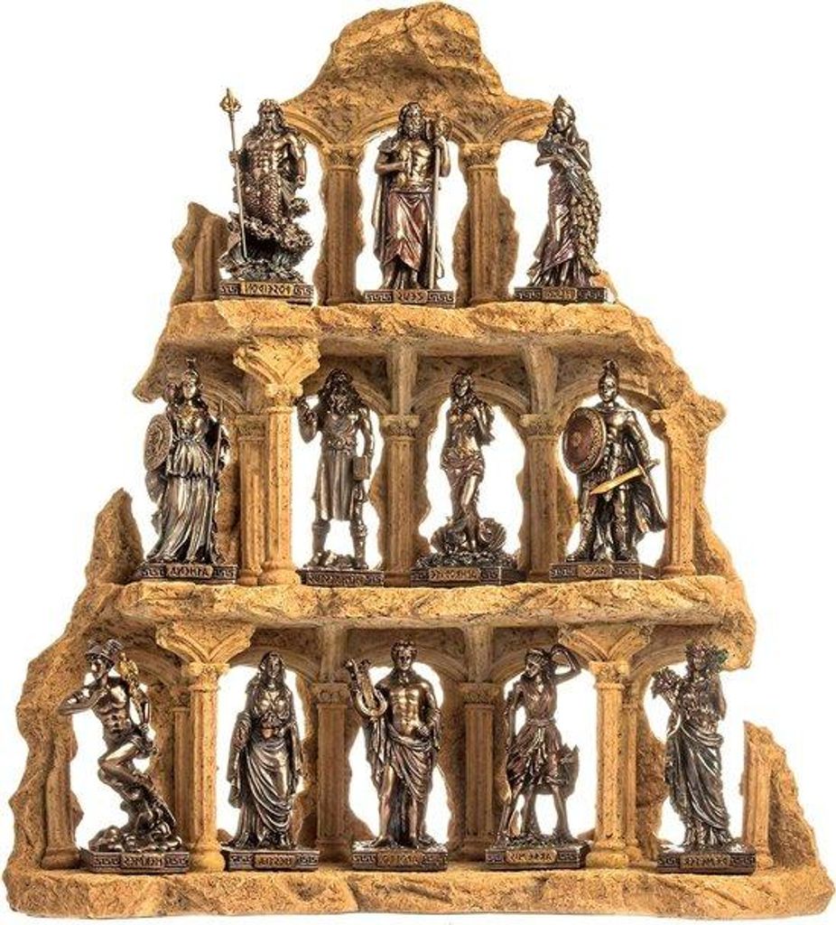 Antikes Pantheon-Statuen-Sets - Bronze-Dekorationen für das Wohnzimmer - 12 Teile - Helligkeit 9,3 cm - bronzefarbene Skulpturen.