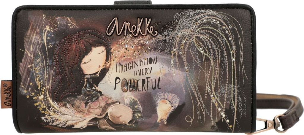 A close-up shot of an Anekke wallet with a decorative illustration.