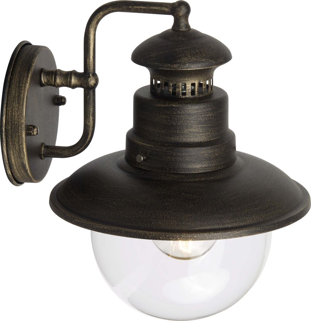 A rustic-style outdoor wall lamp with a black and gold brushed finish and a clear glass globe.