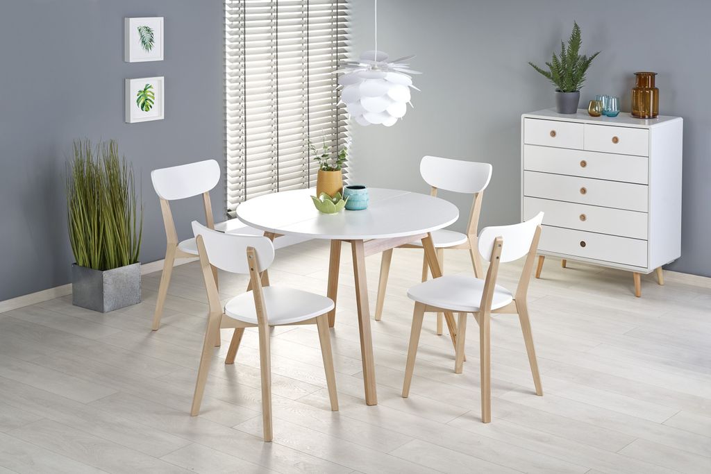 Design Esstisch Tisch HAR-111 Weiß matt - Honigeiche Honig rund ausziehbar 102 bis 142 cm
