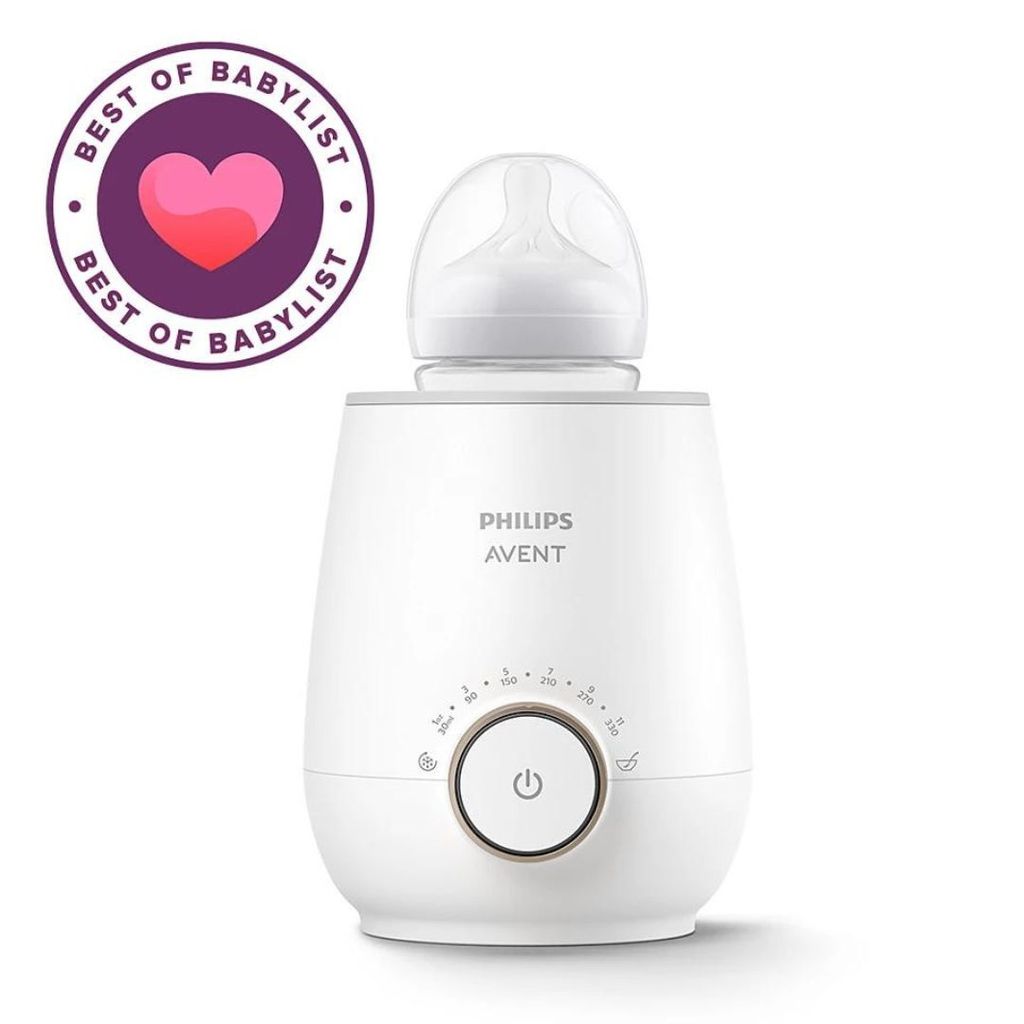 A white Philips Avent baby bottle warmer is shown against a white background, with a purple award badge in the top left corner.
