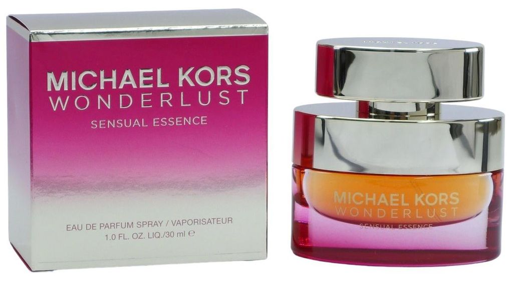 Parfum Michael Kors Wonderlust Sensual Essence in farbintensivem Glasflakon mit Farbverlauf von Orange zu Pink, silberner Kappe und passender Box in Pink-Weiß.