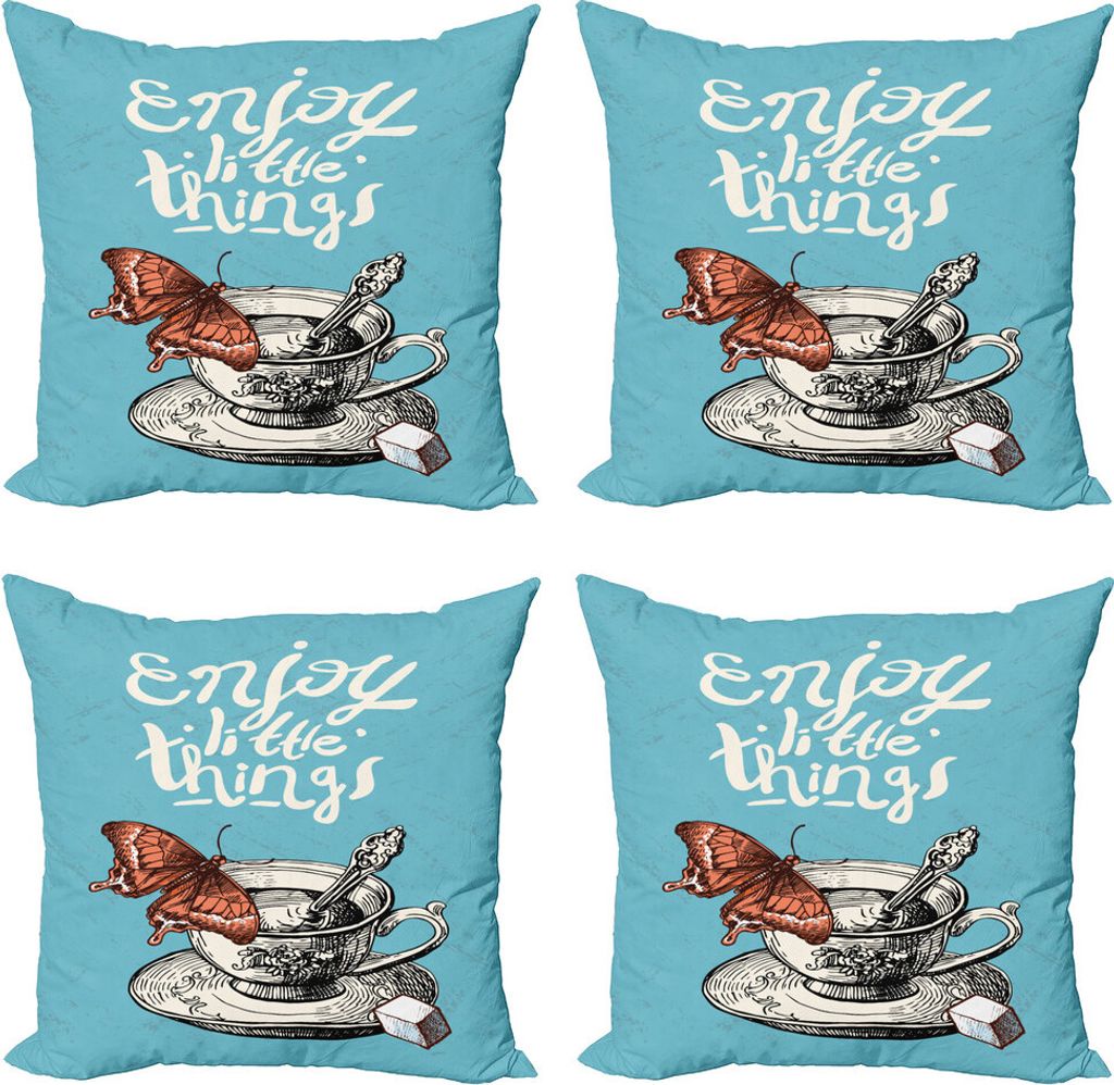 ABAKUHAUS Genieße die kleinen Dinge Kissenbezug Set (4 Stück), Antike Teetasse Skizze, Moderner Doppelseitiger Digitaldruck, 60 cm x 60 cm, Burnt...