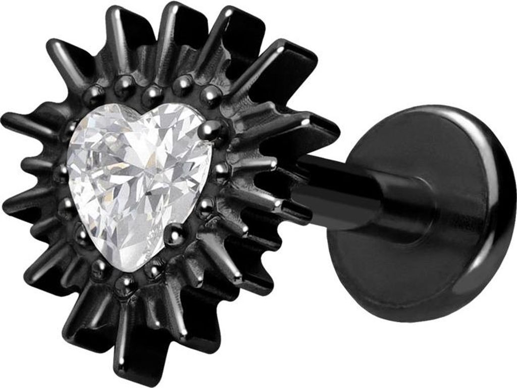 Ohrpiercing, Nasenpiercing Titan Labret mit Push Fit KRISTALLHERZ + SONNENSTRAHLEN Schwarz Stablänge: 6mm | Stabstärke: 1,2mm