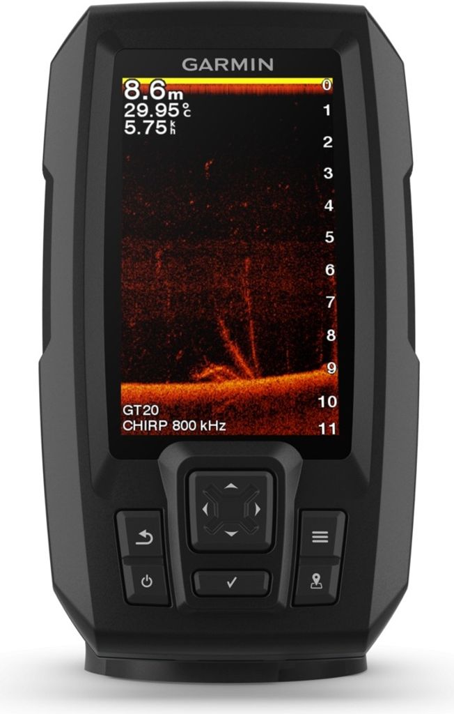 A Garmin fishfinder device displaying sonar data.